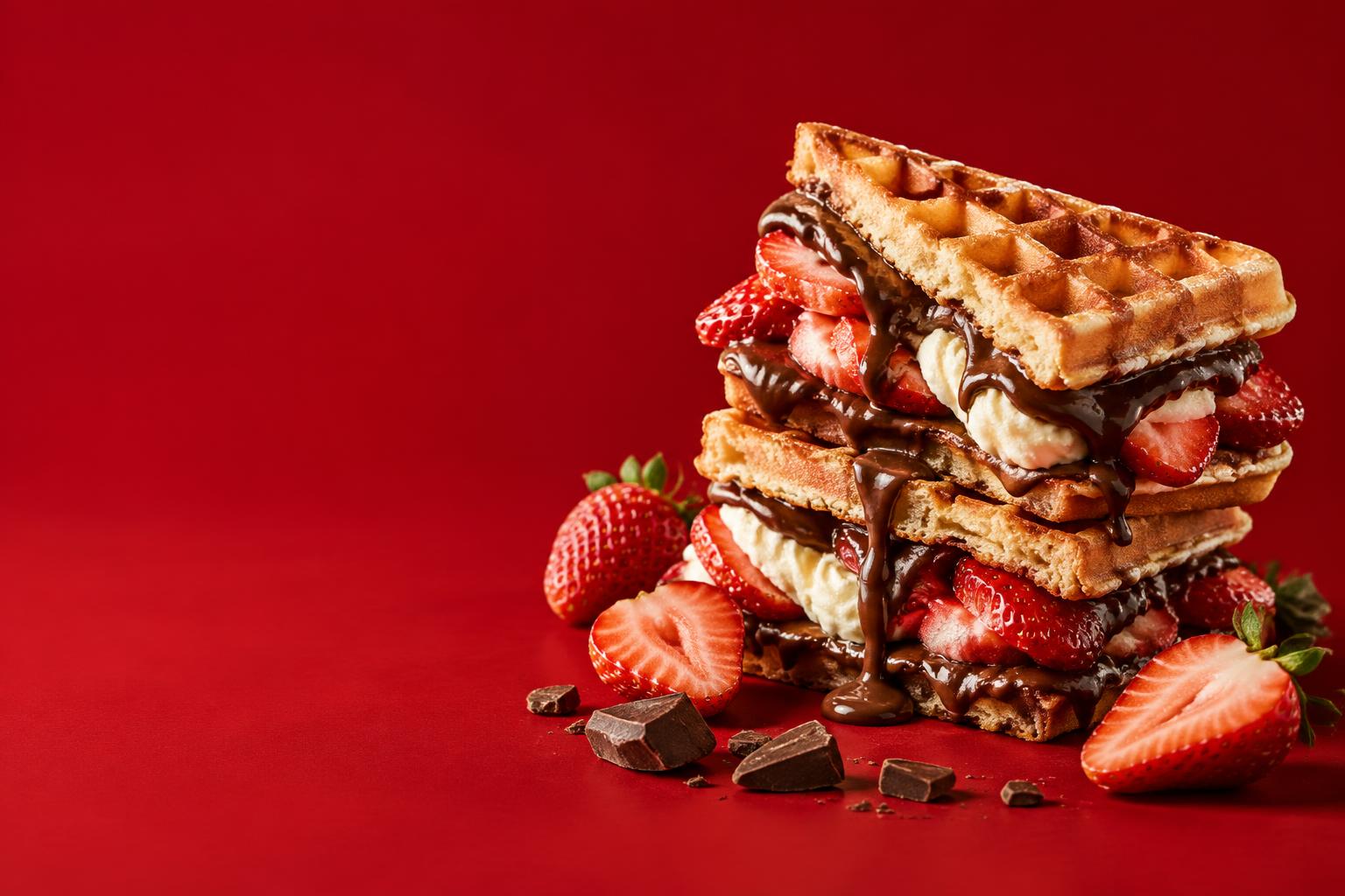 Golden waffles layered with chocolate, cream, and fresh strawberries