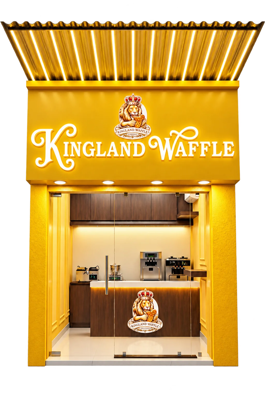 The Kingland Waffle store on Shakespeare Sarani: golden facade with glowing canopy, illuminated white Kingland Waffle lettering and the royal lion crest above a walnut counter